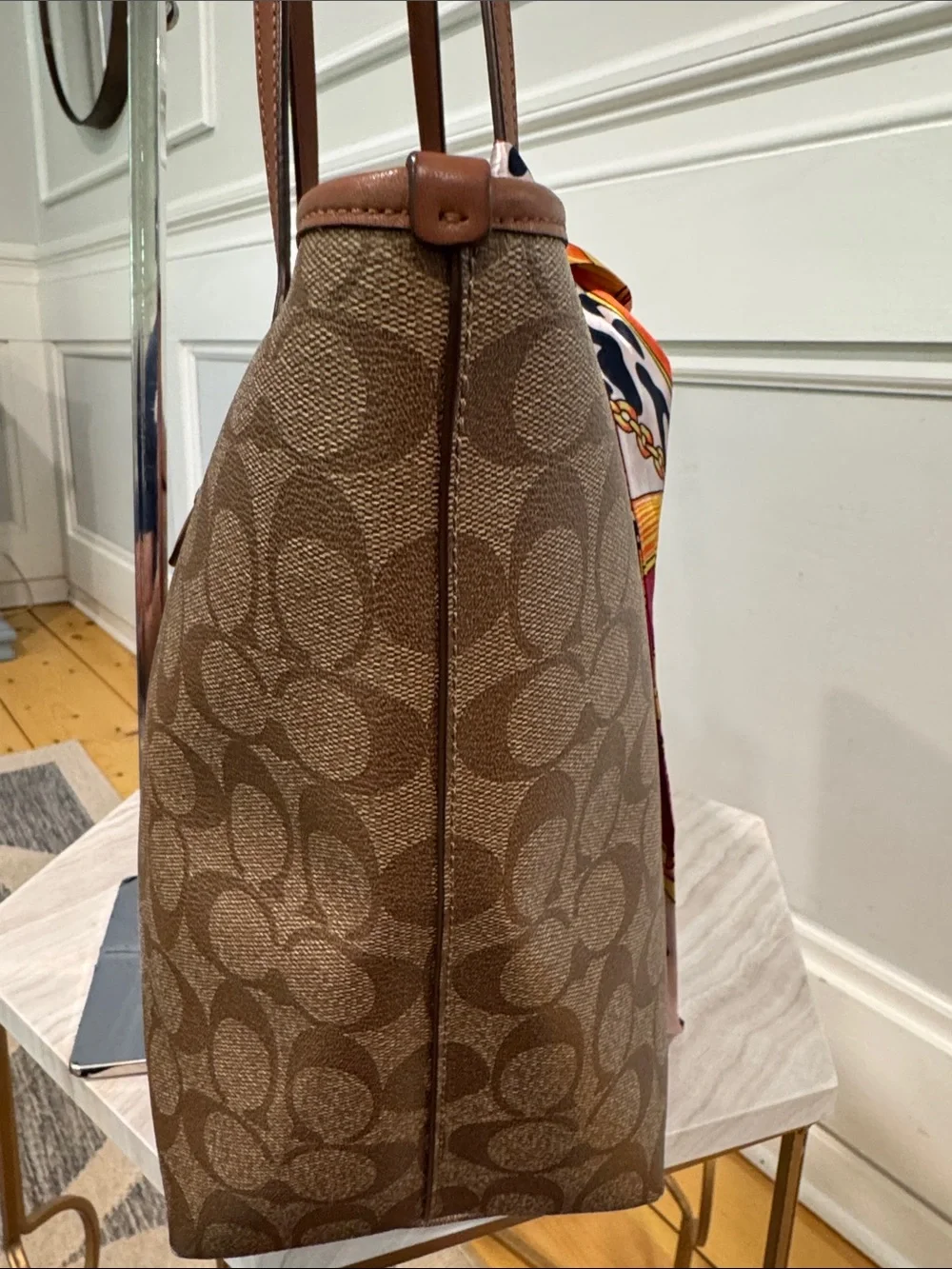Coach Bag Signature Varsity City Zip Brown Tote with Logo Signature Stripe